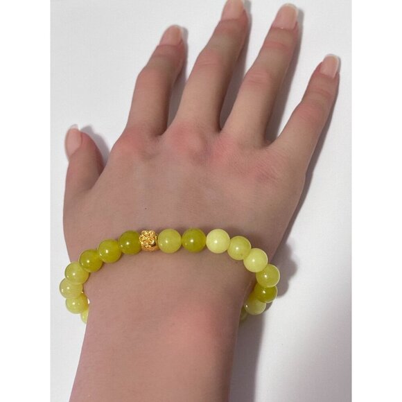 18K Gold Money Bag Lucky Charm Bracelet Gemstones Lemon Jade 8mm Size 6.5 inches - Picture 5 of 5
